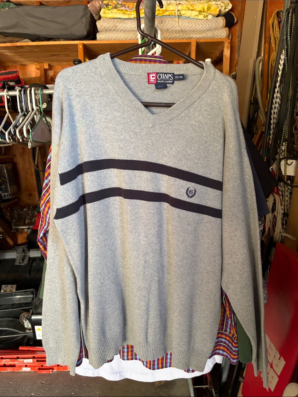 Chaps Light Gray V-Neck Sweater with Navy Stripes
